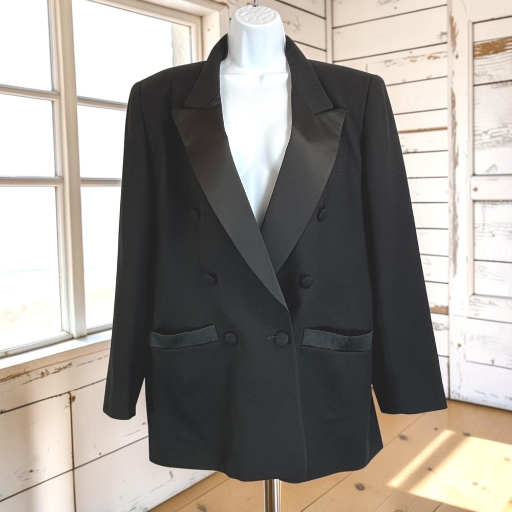 Vintage Tuxedo Blazer Liz 10 Black 100% Wool Satin Peak Lapel Double Breasted
